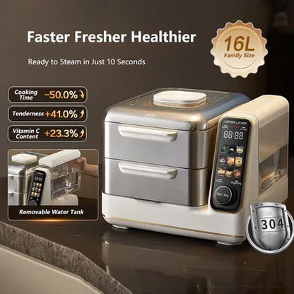 Hoper Layer Electric Food Steamer 16L Large Capacity 10 Second Start 24H Timer Independent Water Tank - Mekamart Australia
