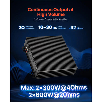 Car Audio Amplifier, 2-Channel Bridgeable Car Amplifier, Full-Range Class AB Stereo Amp, Max. 2 x 300W at 4 Ohms / 2 x 600W at 2 Ohms, High Output, for SUVs, Pickups, and Off-Road Vehicles