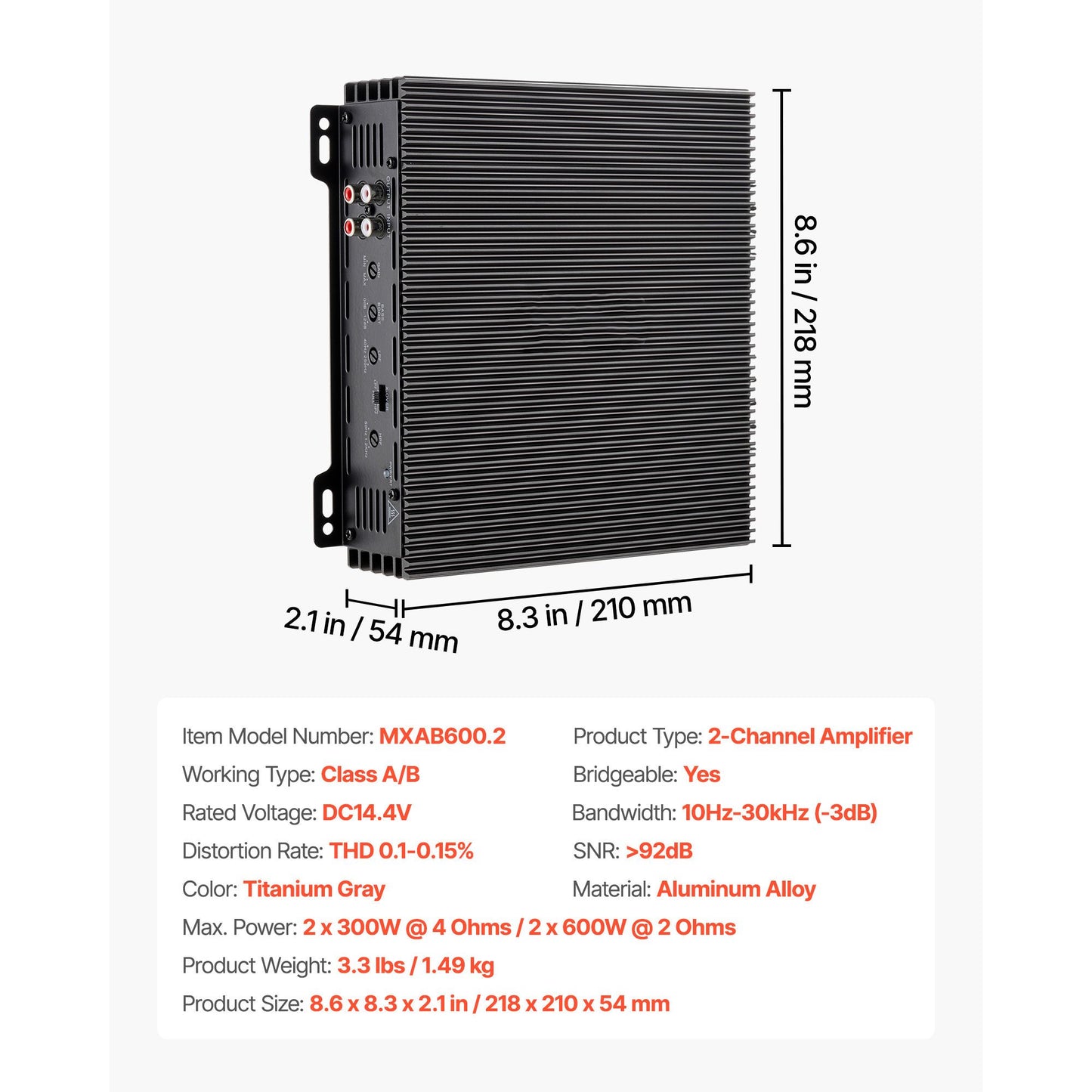 Car Audio Amplifier, 2-Channel Bridgeable Car Amplifier, Full-Range Class AB Stereo Amp, Max. 2 x 300W at 4 Ohms / 2 x 600W at 2 Ohms, High Output, for SUVs, Pickups, and Off-Road Vehicles