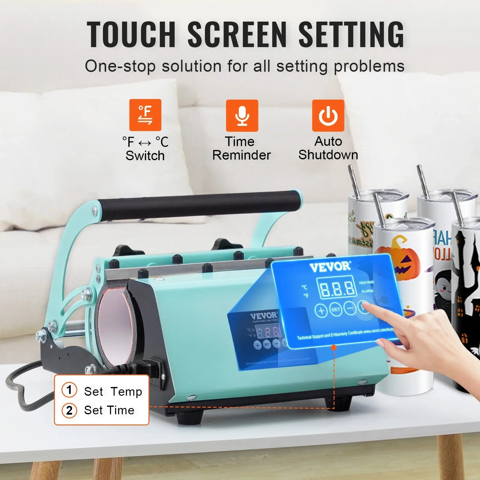 VEVOR Tumbler Heat Press Machine and Sublimation Tumblers, Tumbler Press Set with 8pcs 20OZ Blank Tumblers, Mug Press Cup Press for 11-30oz Tumblers Mug, with Heat Transfer Paper, Gloves, Tape - Mekamart Australia