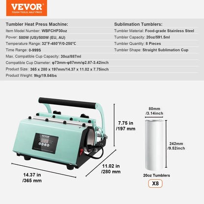 VEVOR Tumbler Heat Press Machine and Sublimation Tumblers, Tumbler Press Set with 8pcs 20OZ Blank Tumblers, Mug Press Cup Press for 11-30oz Tumblers Mug, with Heat Transfer Paper, Gloves, Tape - Mekamart Australia