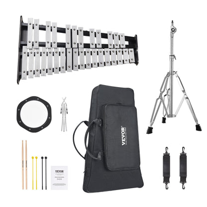 30 Note Glockenspiel Xylophone Bell Kit, Professional Percussion Instrument Set with Mallets, Drum Sticks, Music Stand, 8" Practice Pad, Adjustable Stand and Carrying Bag for Students & Adults