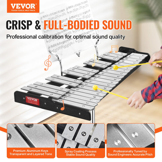 32 Note Glockenspiel Xylophone Bell Kit, Professional Percussion Instrument Set with Mallets, Drum Sticks, Music Stand, 8" Practice Pad, Adjustable Stand and Carrying Bag for Students & Adults