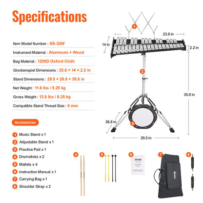 32 Note Glockenspiel Xylophone Bell Kit, Professional Percussion Instrument Set with Mallets, Drum Sticks, Music Stand, 8" Practice Pad, Adjustable Stand and Carrying Bag for Students & Adults