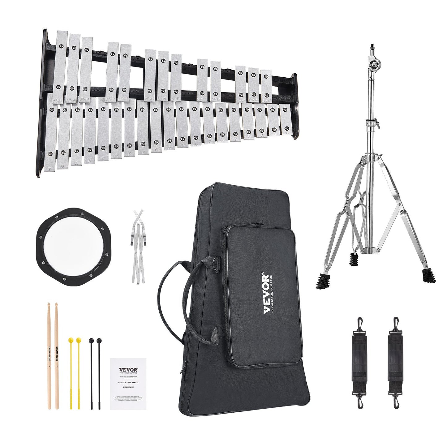 32 Note Glockenspiel Xylophone Bell Kit, Professional Percussion Instrument Set with Mallets, Drum Sticks, Music Stand, 8" Practice Pad, Adjustable Stand and Carrying Bag for Students & Adults