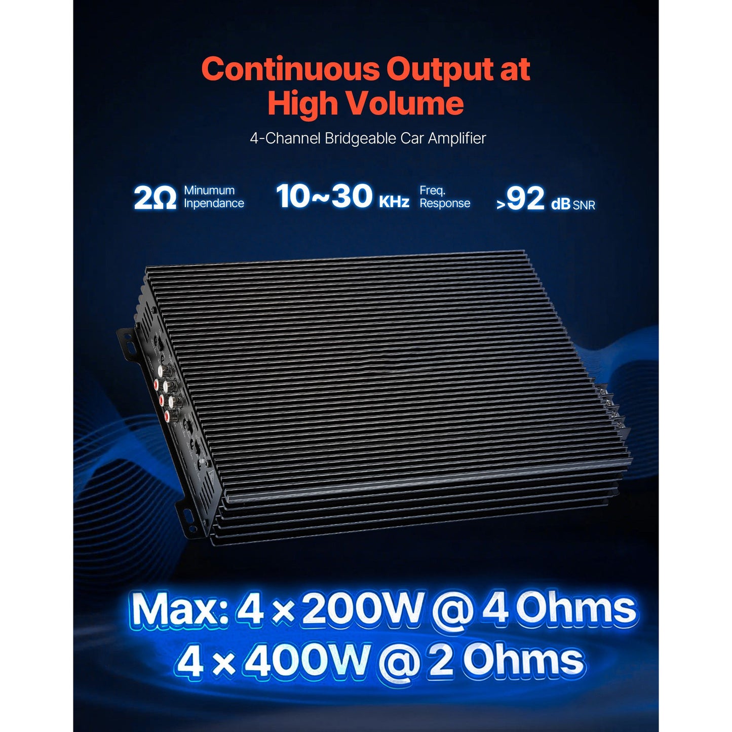 Car Audio Amplifier, 4-Channel Bridgeable Car Amplifier, Multichannel Class AB Stereo Amp, Max. 4 x 200W at 4 Ohms / 4 x 400W at 2 Ohms, High Output, for SUVs, Pickups, and Off-Road Vehicles