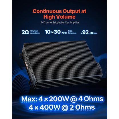 Car Audio Amplifier, 4-Channel Bridgeable Car Amplifier, Multichannel Class AB Stereo Amp, Max. 4 x 200W at 4 Ohms / 4 x 400W at 2 Ohms, High Output, for SUVs, Pickups, and Off-Road Vehicles