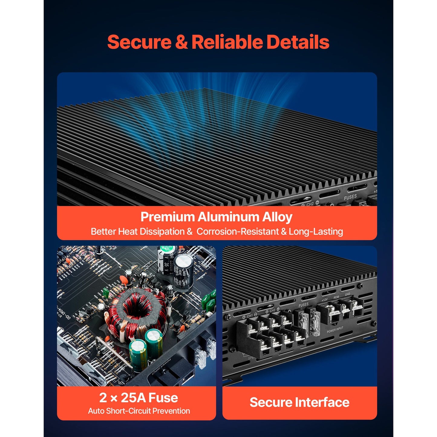 Car Audio Amplifier, 4-Channel Bridgeable Car Amplifier, Multichannel Class AB Stereo Amp, Max. 4 x 200W at 4 Ohms / 4 x 400W at 2 Ohms, High Output, for SUVs, Pickups, and Off-Road Vehicles