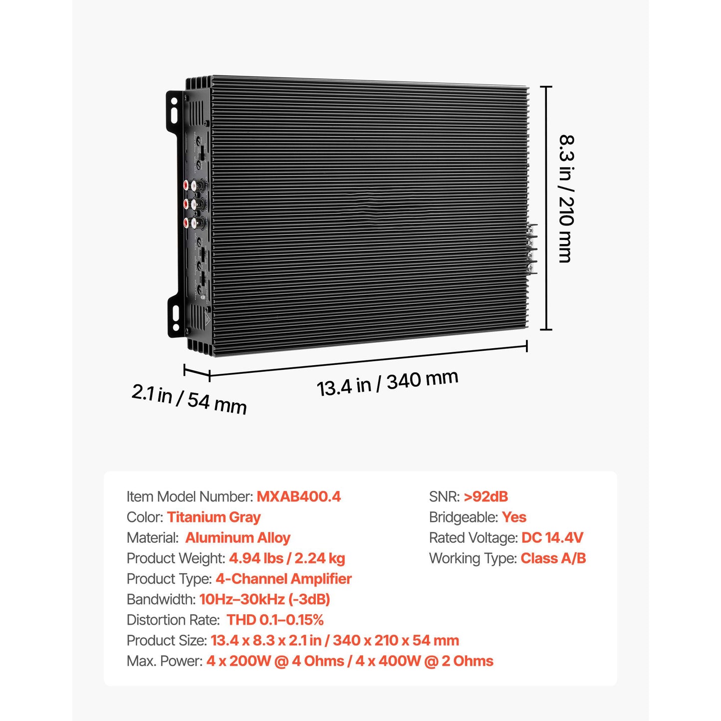 Car Audio Amplifier, 4-Channel Bridgeable Car Amplifier, Multichannel Class AB Stereo Amp, Max. 4 x 200W at 4 Ohms / 4 x 400W at 2 Ohms, High Output, for SUVs, Pickups, and Off-Road Vehicles