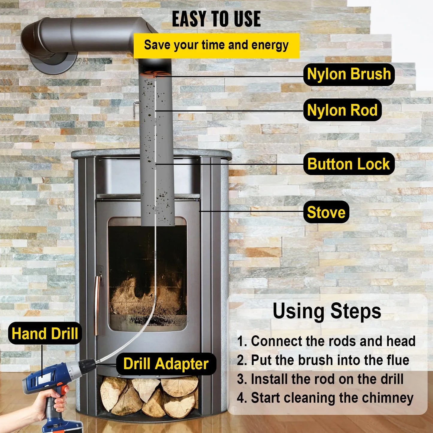 VEVOR Chimney Sweeping Brush Rotary Chimney Brush 315Inch Chimney Brush Rod Kit 8 Rods with Nylon Flexible Rods (8 Rods) - Mekamart Australia