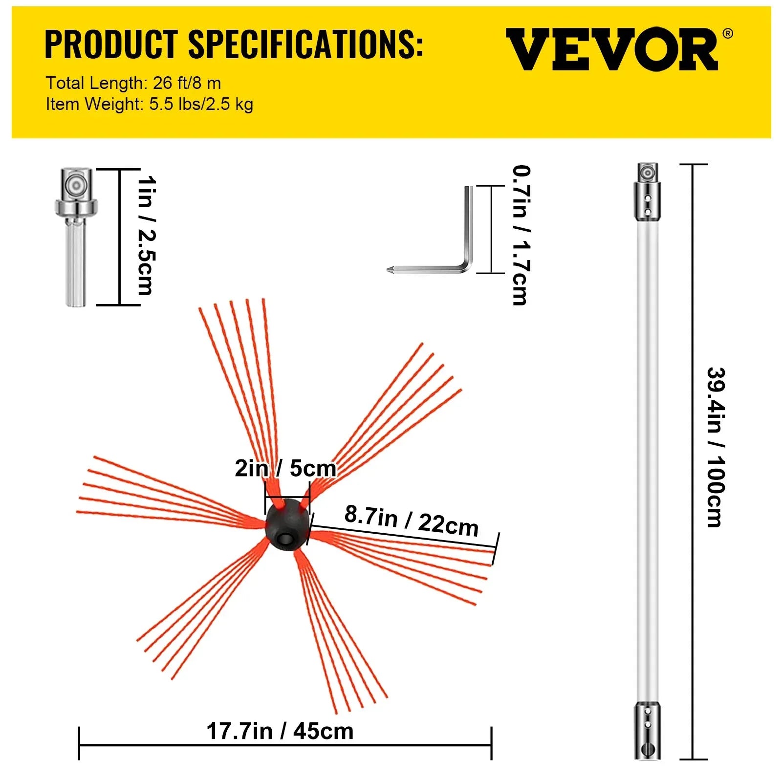 VEVOR Chimney Sweeping Brush Rotary Chimney Brush 315Inch Chimney Brush Rod Kit 8 Rods with Nylon Flexible Rods (8 Rods) - Mekamart Australia