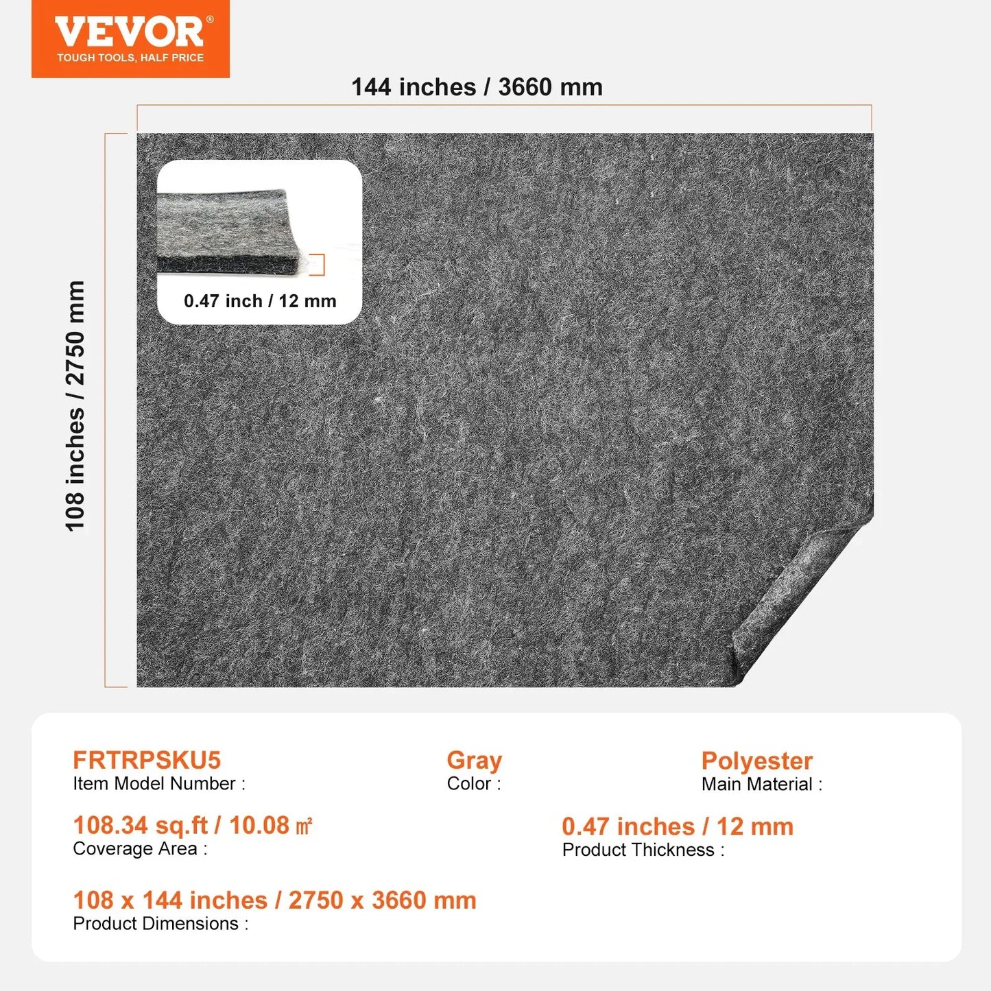 VEVOR Rug Pad Gripper 9' x 12' Protective Carpet Pad 0.47" Thick for All Floors - Mekamart Australia