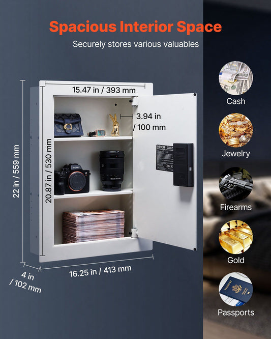 0.83 sq.ft Wall Safe, 3-Tier Hidden Wall Safe with Password, Key & Turning Knob, Q235 Cold-Rolled Steel In-Wall Box with Adjustable Shelves & Mounting Holes for Money, Jewelry, Passport, White