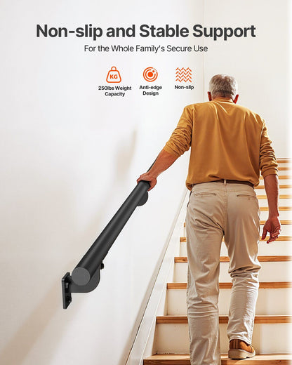 Wall Mounted Stair Handrail, 3665mm Pipe Staircase Handrail, Black Galvanized Aluminum, 32mm Pipe Diameter, Indoor&Outdoor Staircase Railing, Industrial Hand Rail for Steps, Security Baluster