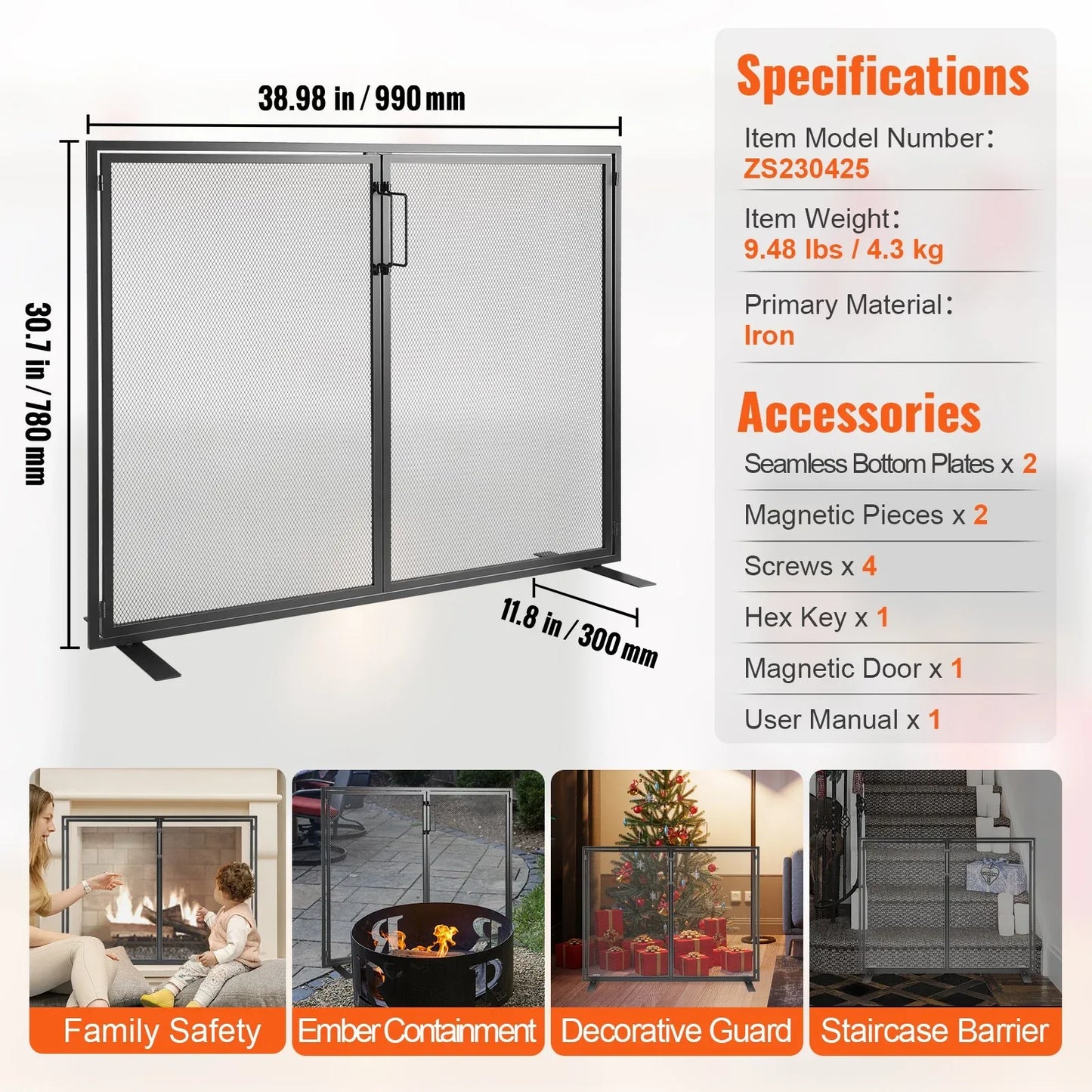 VEVOR Fireplace Screen 1 Panel with Door, Sturdy Iron Mesh Fireplace Screen, 990(L) x780(H)MM Spark Guard Cover, Simple Installation, Free Standing Fire Fence Grate for Living Room Home Decor Modern - Mekamart Australia