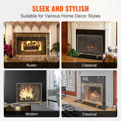 VEVOR 980x758MM Fireplace Screen 1-Panel Iron Mesh Spark Guard Modern Gold - Mekamart Australia