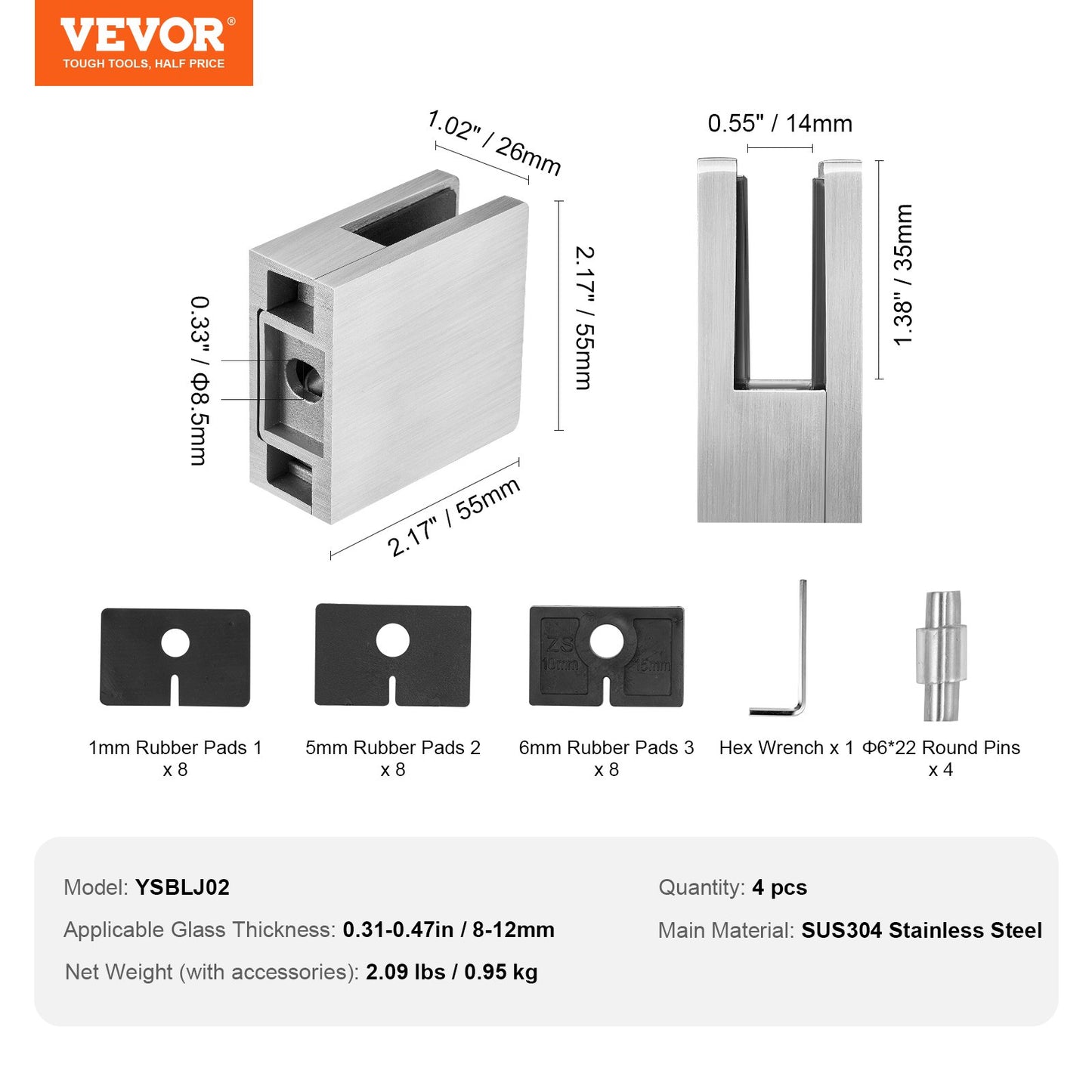 Glass Clamp, 4 PCS Square Glass Railing Bracket for 0.31 "-0.47 " Tempered Glass, 304 Stainless Steel Glass Mounting Clamp, Glass Shelf Bracket for Balcony, Garden, Pool, Stair, Silver
