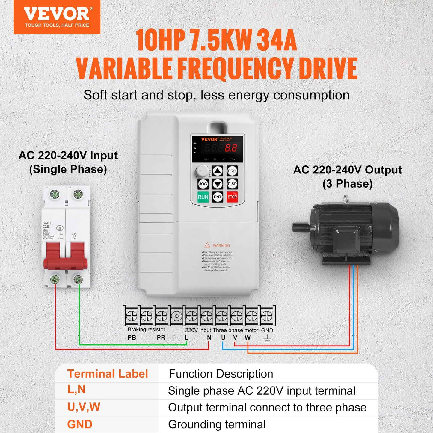 VFD 10HP, 7.5KW, 34A, 1 Phase 220V-240V Input to 3 Phase 220V-240V Output Variable Frequency Drive, 0-400Hz VFD for AC Motor Speed Control