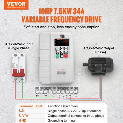 VFD 10HP, 7.5KW, 34A, 1 Phase 220V-240V Input to 3 Phase 220V-240V Output Variable Frequency Drive, 0-400Hz VFD for AC Motor Speed Control