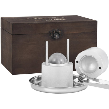 Ice Ball Press Kit, Aircraft Al Alloy Ice Press with Ice Block Mold, Large Mat, Tong, Drip Tray, One Glass, Round Ice Ball Maker 2.4"/60 mm Ice Sphere, for Whiskey, Cocktail on Party & Holiday