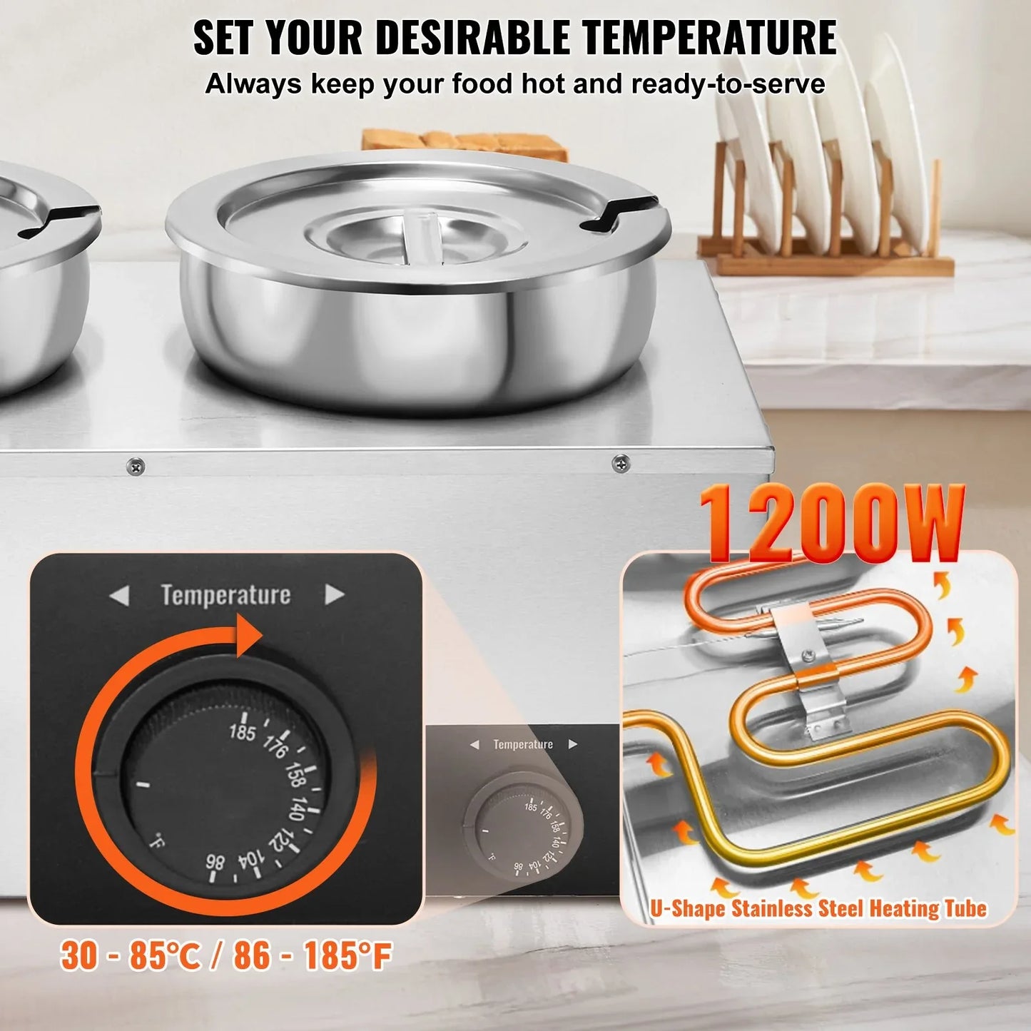 VEVOR Electric Soup Warmer, Three 7.4QT Stainless Steel Round Pot, 1200W Commercial Food Warmer, 30 - 85℃ Adjustable Temp, Bain Marie with Anti-Dry Burn and Reset Button, for Restaurant, Buffet - Mekamart Australia