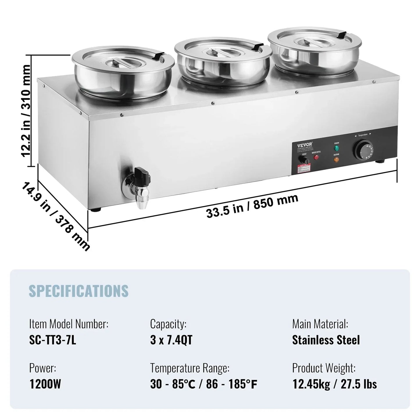 VEVOR Electric Soup Warmer, Three 7.4QT Stainless Steel Round Pot, 1200W Commercial Food Warmer, 30 - 85℃ Adjustable Temp, Bain Marie with Anti-Dry Burn and Reset Button, for Restaurant, Buffet - Mekamart Australia
