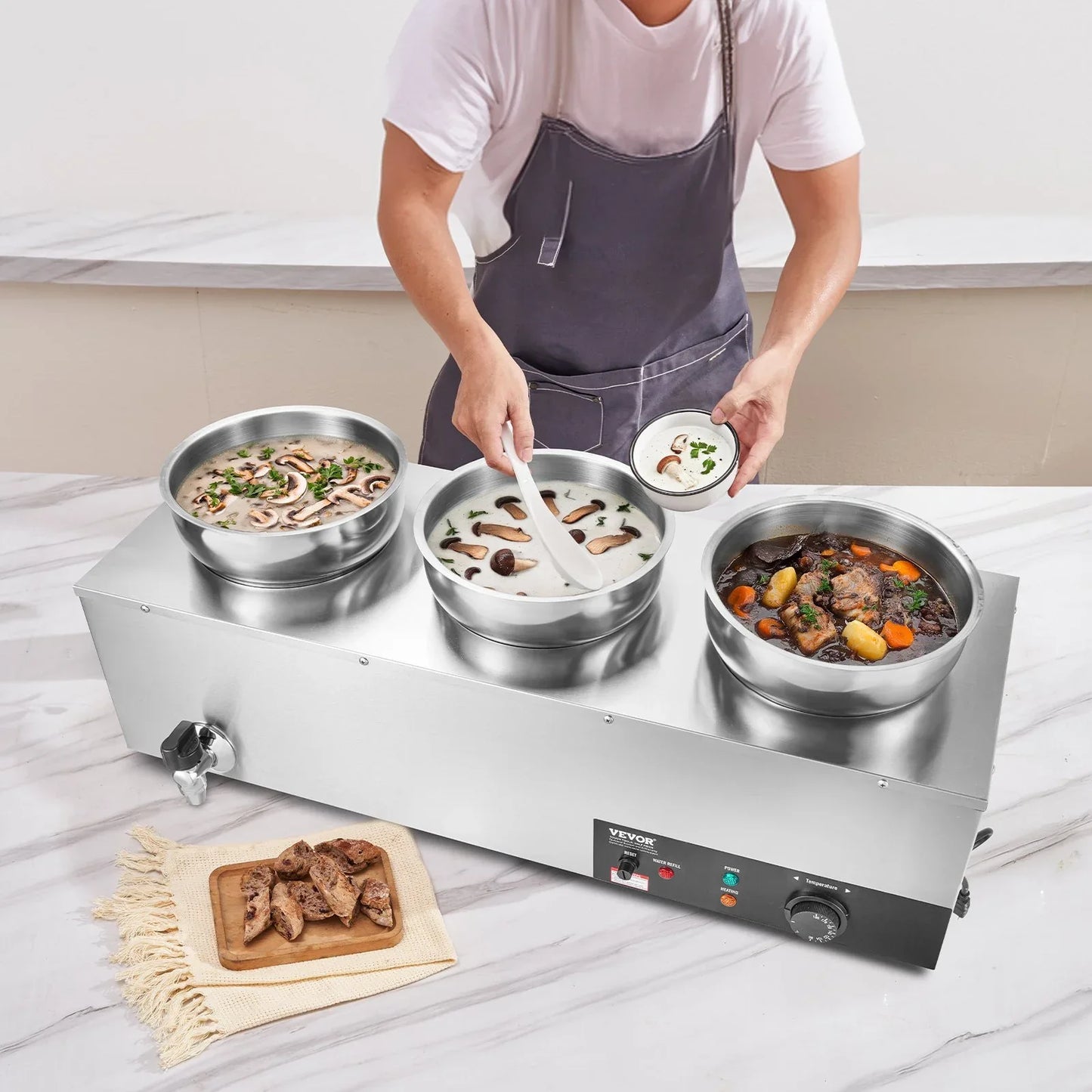 VEVOR Electric Soup Warmer, Three 7.4QT Stainless Steel Round Pot, 1200W Commercial Food Warmer, 30 - 85℃ Adjustable Temp, Bain Marie with Anti-Dry Burn and Reset Button, for Restaurant, Buffet - Mekamart Australia