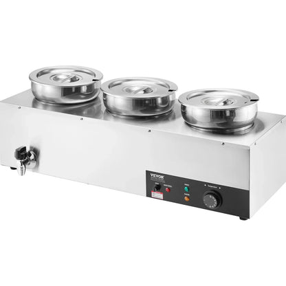 VEVOR Electric Soup Warmer, Three 7.4QT Stainless Steel Round Pot, 1200W Commercial Food Warmer, 30 - 85℃ Adjustable Temp, Bain Marie with Anti-Dry Burn and Reset Button, for Restaurant, Buffet - Mekamart Australia