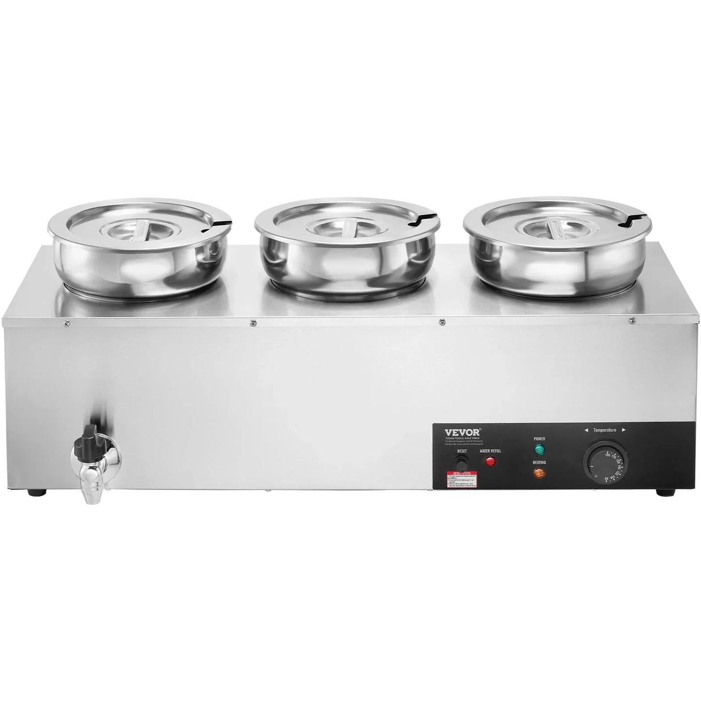 VEVOR Electric Soup Warmer, Three 7.4QT Stainless Steel Round Pot, 1200W Commercial Food Warmer, 30 - 85℃ Adjustable Temp, Bain Marie with Anti-Dry Burn and Reset Button, for Restaurant, Buffet - Mekamart Australia