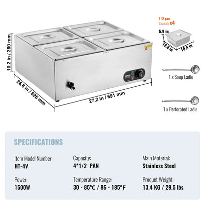 VEVOR Commercial Electric Food Warmer Countertop Buffet 4*12 Qt Pan Bain Marie - Mekamart Australia