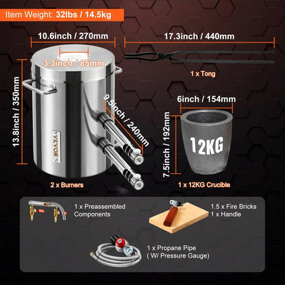 VEVOR 12KG Propane Smelting Furnace Kit Melting Furnace Double Burners 2700℉ - Mekamart Australia