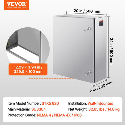 Steel Electrical Box, 60x50x20 cm, 304 Stainless Steel Electrical Enclosure Box, Wall-Mounted Outdoor Electrical Electronic Equipment Enclosure with Mounting Plate Hinges Lock, IP66 Waterproof