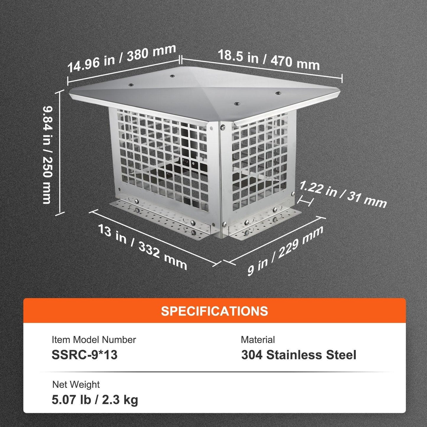 VEVOR Chimney Cap 13” x 9” 304Stainless Steel Fireplace Flue Caps Cover Mesh - Mekamart Australia
