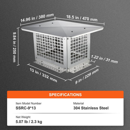 VEVOR Chimney Cap 13” x 9” 304Stainless Steel Fireplace Flue Caps Cover Mesh - Mekamart Australia