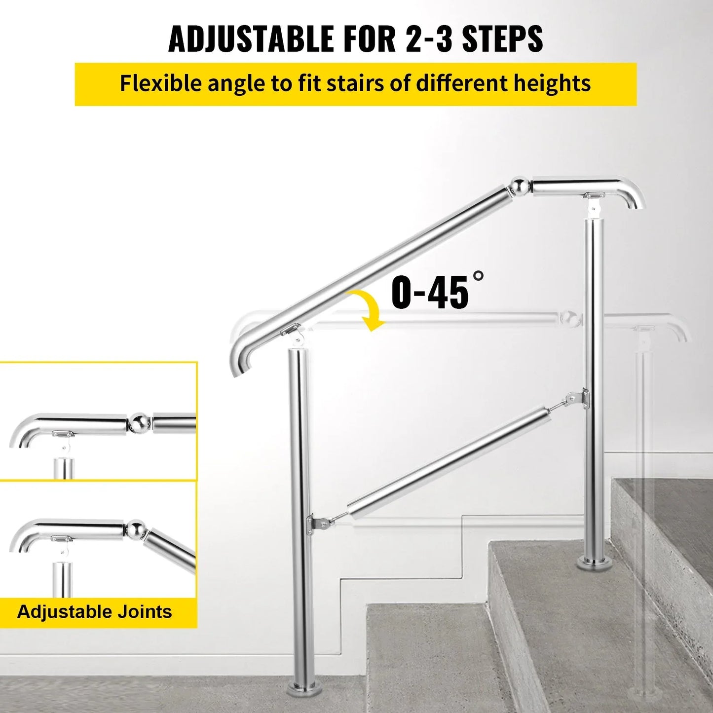 VEVOR 3 Step Railing Stainless Steel Transitional Handrail fit for Level Surface and 1 to 3 Steps Adjustable Stair Railing Indoor Outdoor Step Railings 220lb Capacity W/ Installation Kit Porch DIY - Mekamart Australia