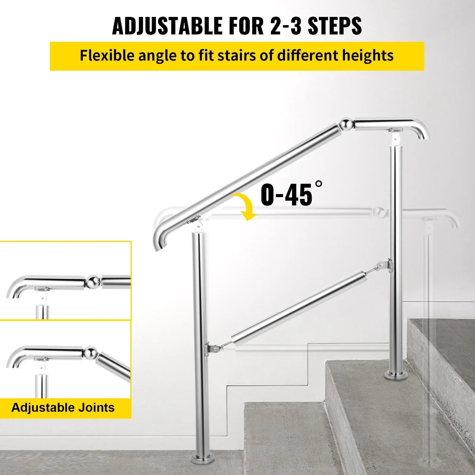 VEVOR 3 Step Railing Stainless Steel Transitional Handrail fit for Level Surface and 1 to 3 Steps Adjustable Stair Railing Indoor Outdoor Step Railings 220lb Capacity W/ Installation Kit Porch DIY - Mekamart Australia
