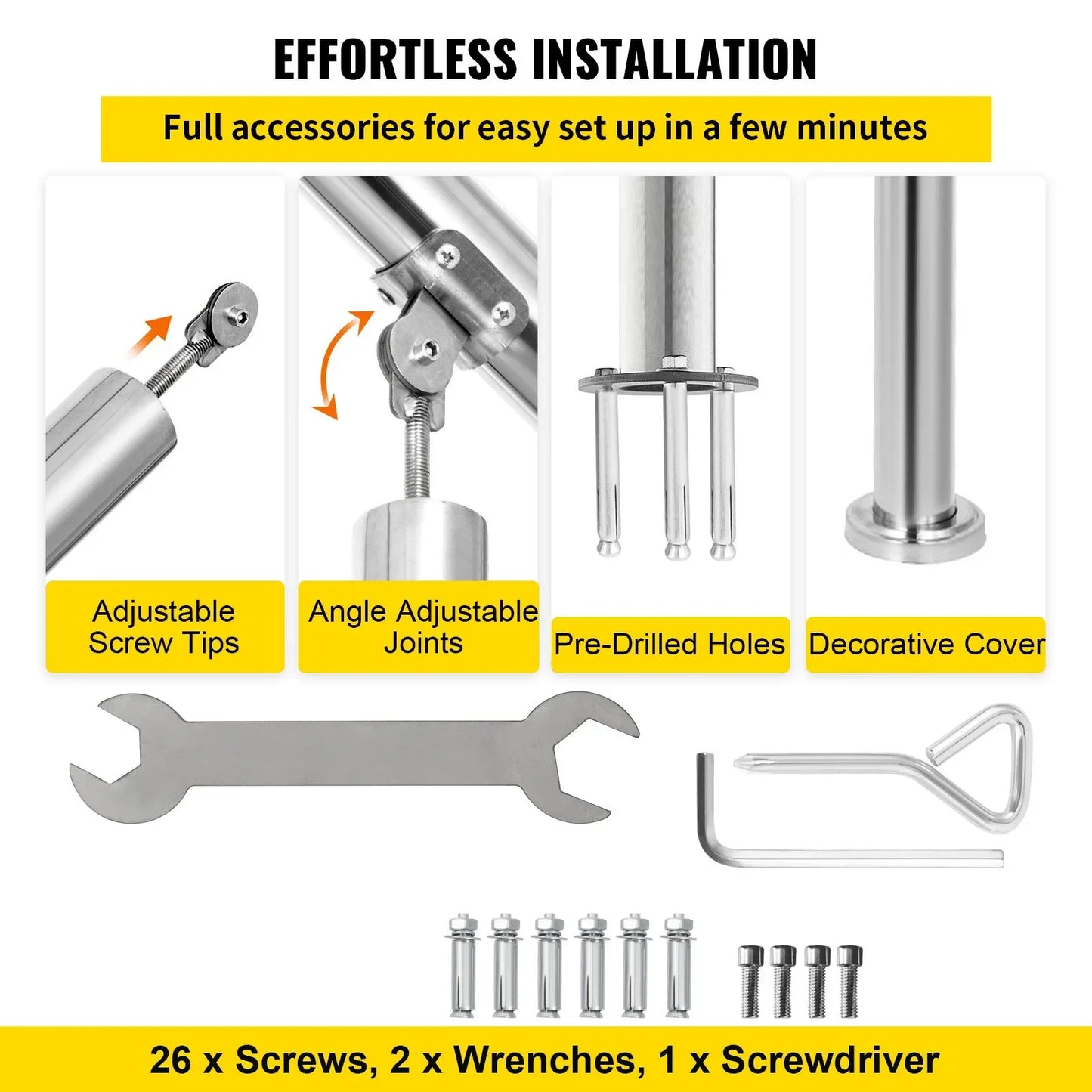 VEVOR 3 Step Railing Stainless Steel Transitional Handrail fit for Level Surface and 1 to 3 Steps Adjustable Stair Railing Indoor Outdoor Step Railings 220lb Capacity W/ Installation Kit Porch DIY - Mekamart Australia