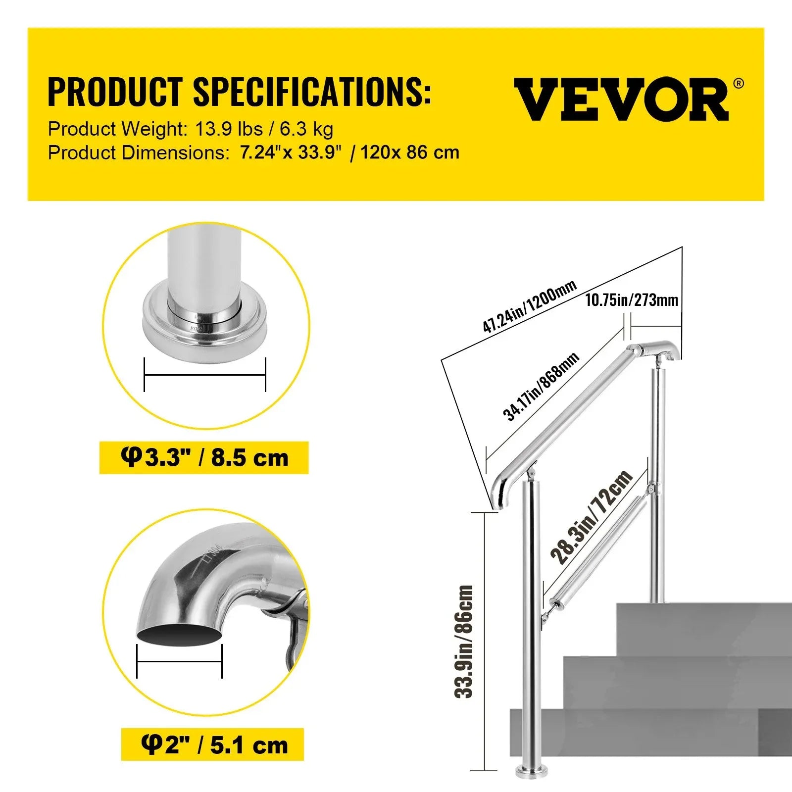 VEVOR 3 Step Railing Stainless Steel Transitional Handrail fit for Level Surface and 1 to 3 Steps Adjustable Stair Railing Indoor Outdoor Step Railings 220lb Capacity W/ Installation Kit Porch DIY - Mekamart Australia