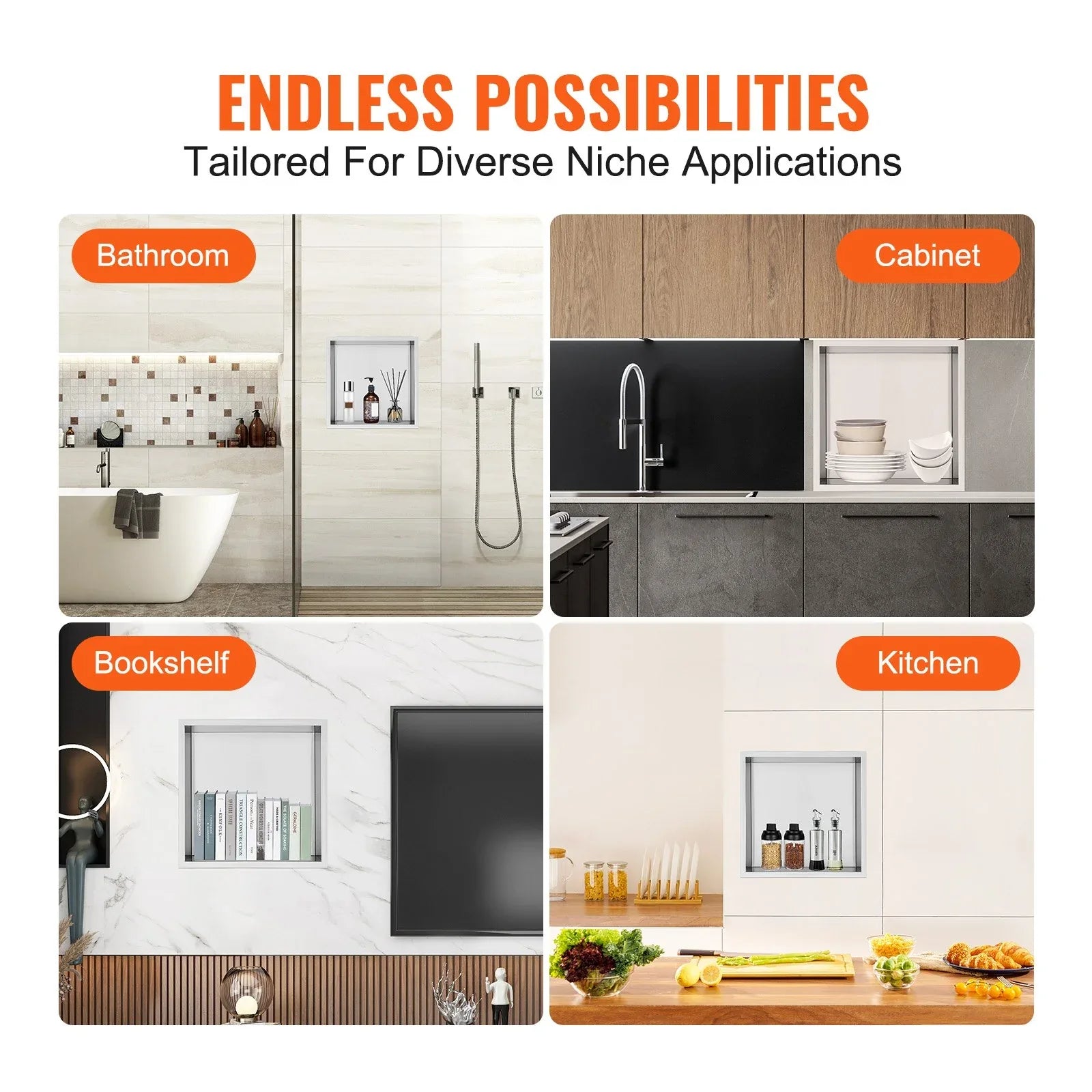 VEVOR 33.02 x 33.02 cm No Tile Shower Niche 304 Stainless Steel, Wall-Inserted Niche Recessed Double Shelves, Sealed Waterproof Rust-Resistant Modern Niche for Shower Bathroom Soap Storage, Silver - Mekamart Australia