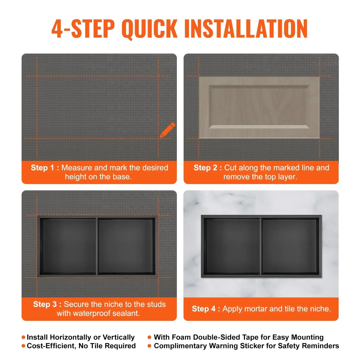 VEVOR 33.02 x 63.5 cm No Tile Shower Niche 304 Stainless Steel, Wall-Inserted Niche Recessed Double Shelves, Sealed Waterproof Rust-Resistant Modern Niche for Shower or Soap Storage Bathroom - Mekamart Australia