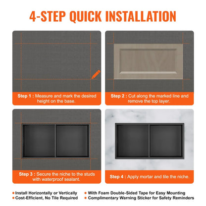 VEVOR 33.02 x 63.5 cm No Tile Shower Niche 304 Stainless Steel, Wall-Inserted Niche Recessed Double Shelves, Sealed Waterproof Rust-Resistant Modern Niche for Shower or Soap Storage Bathroom - Mekamart Australia