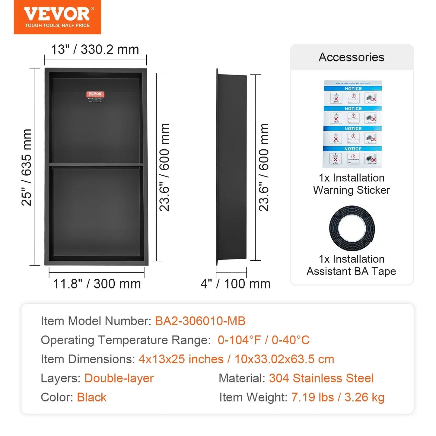VEVOR 33.02 x 63.5 cm No Tile Shower Niche 304 Stainless Steel, Wall-Inserted Niche Recessed Double Shelves, Sealed Waterproof Rust-Resistant Modern Niche for Shower or Soap Storage Bathroom - Mekamart Australia