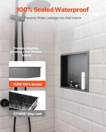 VEVOR Shower Niche, 33.0 x 33.0 x 10.2 cm Recessed Wall Niche, Heavy-duty Stainless Steel Modern Soap & Shampoo Storage Organizer, Sealed Waterproof, Durable & Easy to Install, Black for Bathroom - Mekamart Australia