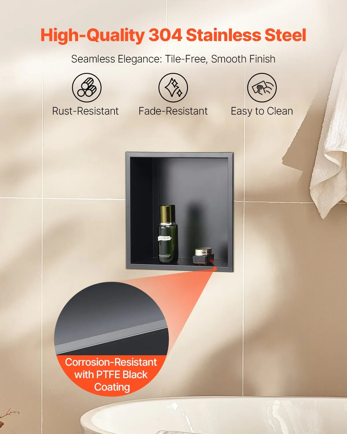 VEVOR Shower Niche, 33.0 x 33.0 x 10.2 cm Recessed Wall Niche, Heavy-duty Stainless Steel Modern Soap & Shampoo Storage Organizer, Sealed Waterproof, Durable & Easy to Install, Black for Bathroom - Mekamart Australia
