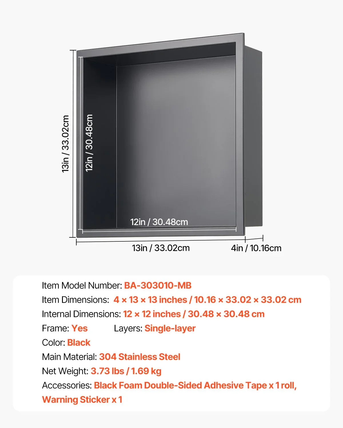 VEVOR Shower Niche, 33.0 x 33.0 x 10.2 cm Recessed Wall Niche, Heavy-duty Stainless Steel Modern Soap & Shampoo Storage Organizer, Sealed Waterproof, Durable & Easy to Install, Black for Bathroom - Mekamart Australia