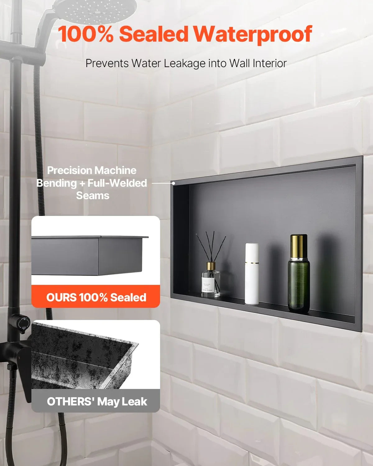 VEVOR Shower Niche, 33.0 x 63.5 x 10.2 cm Recessed Wall Niche, Heavy-duty Stainless Steel Modern Soap & Shampoo Storage Organizer, Sealed Waterproof, Durable & Easy to Install, Black for Bathroom - Mekamart Australia