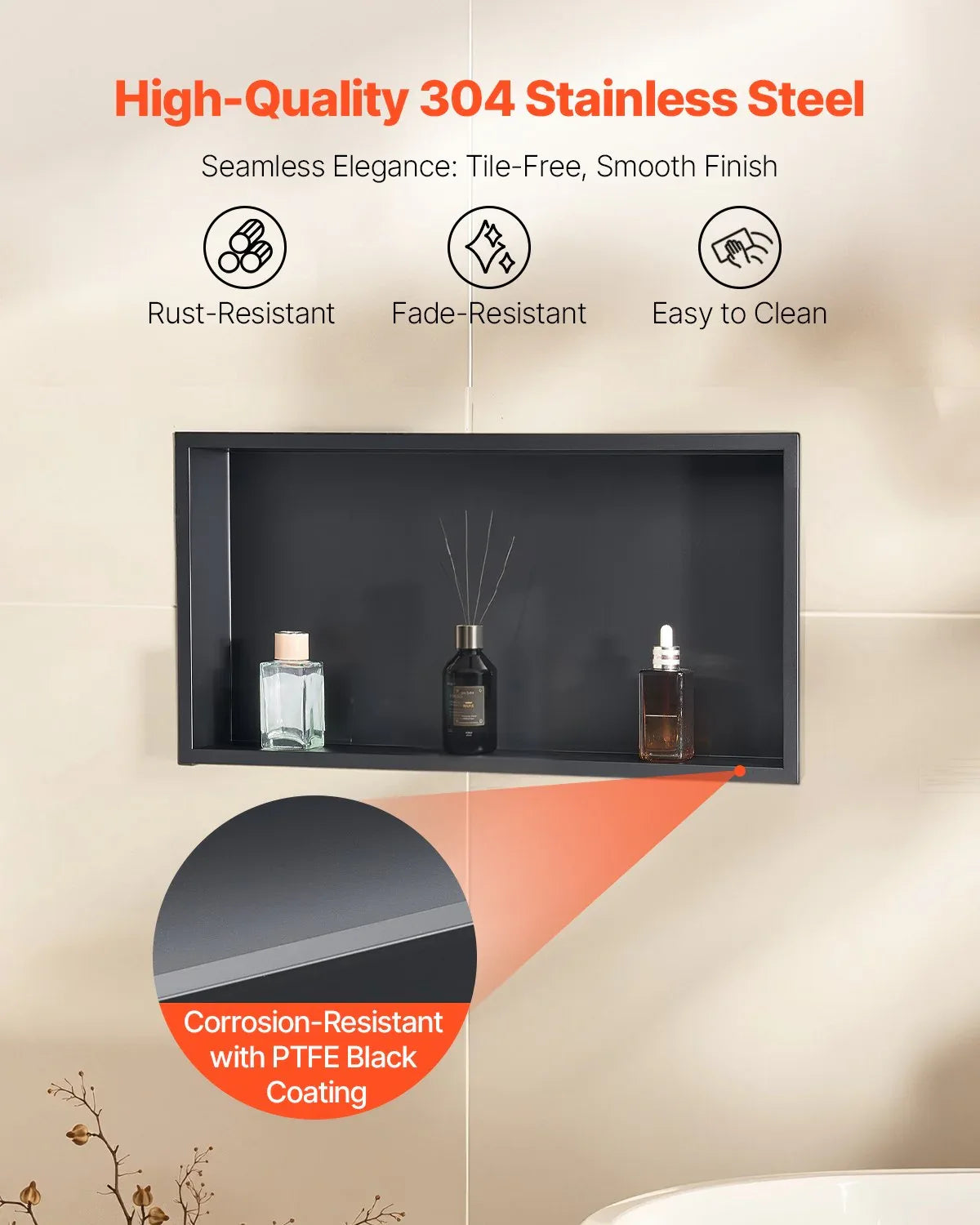VEVOR Shower Niche, 33.0 x 63.5 x 10.2 cm Recessed Wall Niche, Heavy-duty Stainless Steel Modern Soap & Shampoo Storage Organizer, Sealed Waterproof, Durable & Easy to Install, Black for Bathroom - Mekamart Australia