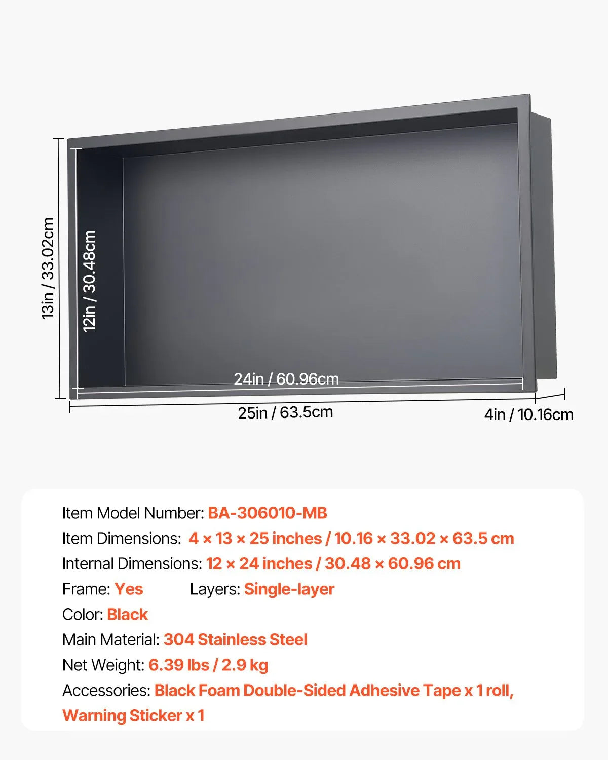 VEVOR Shower Niche, 33.0 x 63.5 x 10.2 cm Recessed Wall Niche, Heavy-duty Stainless Steel Modern Soap & Shampoo Storage Organizer, Sealed Waterproof, Durable & Easy to Install, Black for Bathroom - Mekamart Australia