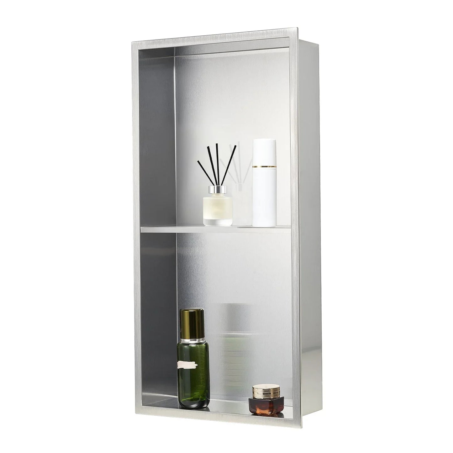 VEVOR Shower Niche, 33.0 x 63.5 x 10.2 cm Recessed Wall Niche Double-layer, with Hollowed-out Divider, Heavy-duty Stainless Steel Modern Shampoo Storage Organizer, Waterproof, Silver for Bathroom - Mekamart Australia