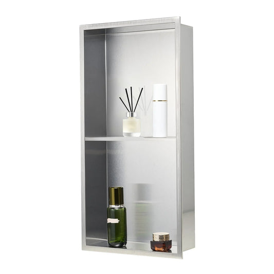 VEVOR Shower Niche, 33.0 x 63.5 x 10.2 cm Recessed Wall Niche Double-layer, with Hollowed-out Divider, Heavy-duty Stainless Steel Modern Shampoo Storage Organizer, Waterproof, Silver for Bathroom - Mekamart Australia